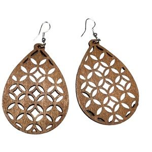 Boho Cutout Wood Brown Teardrop Drop Style Earrings
